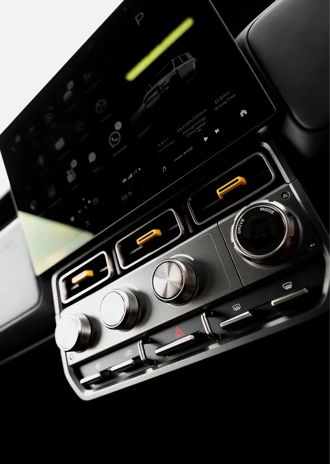 V23 infotainment display and center controls